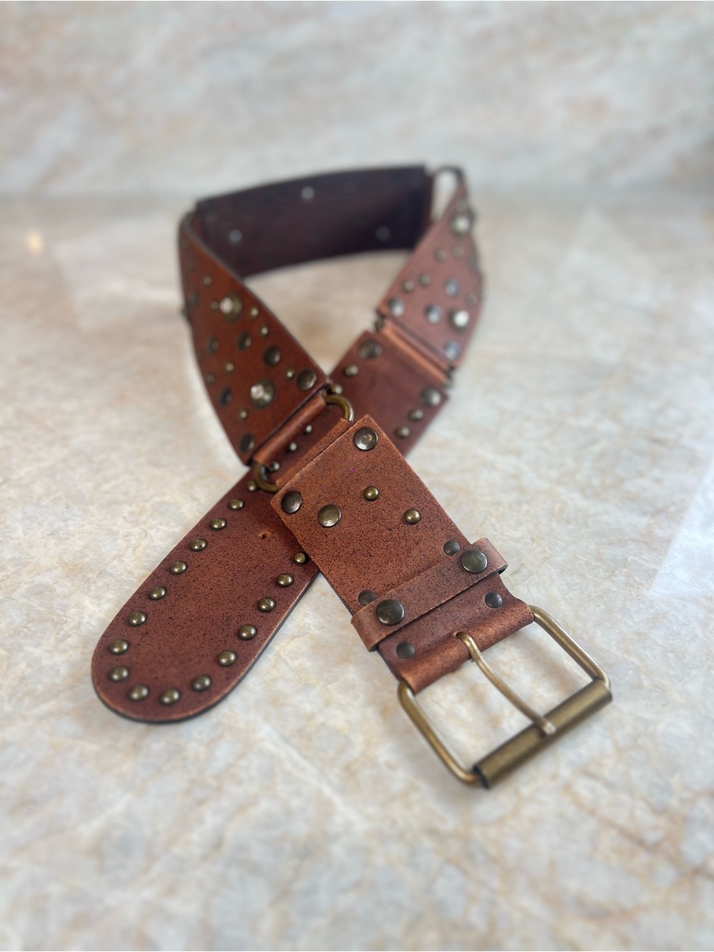 Nanny (Made in Italy) Brown Studded Leather Belt with Antique Brass Buckle